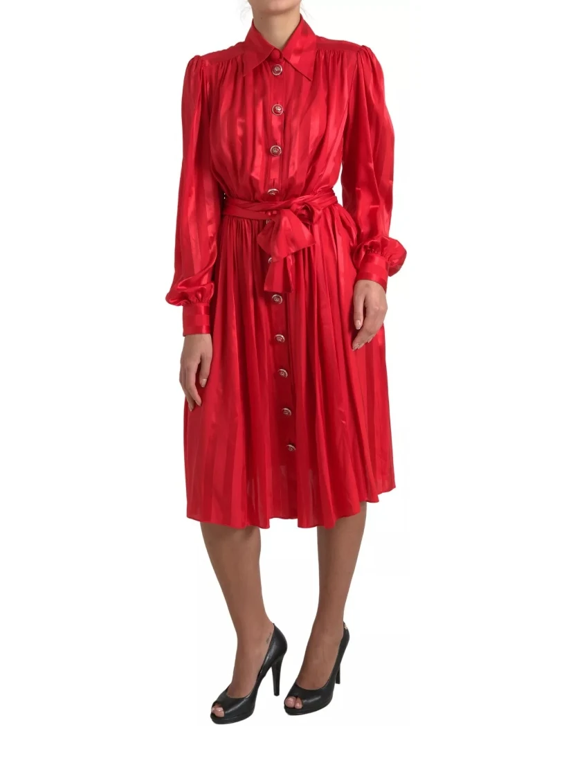 Red Button Down Belted Midi Satin Silk Dress