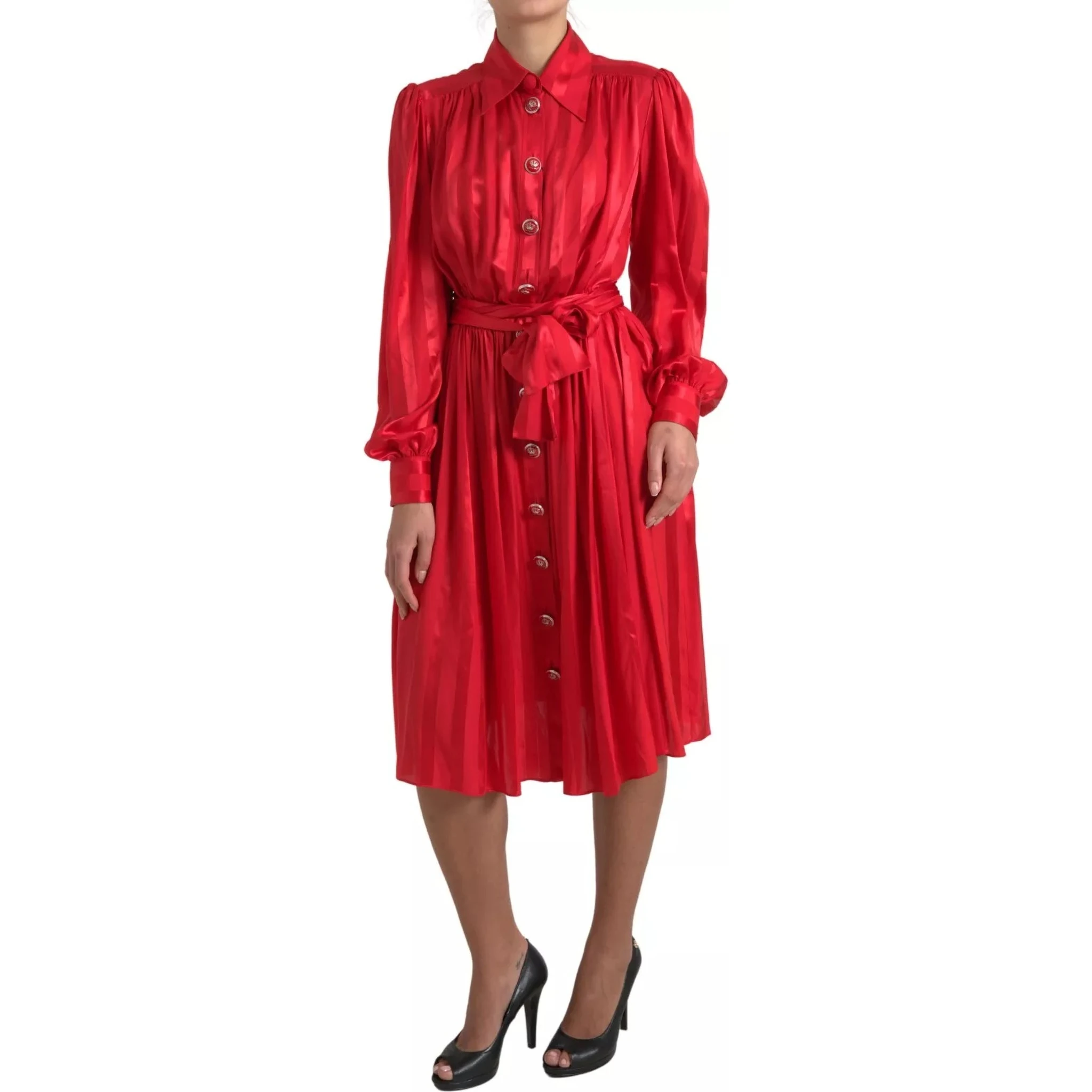 Red Button Down Belted Midi Satin Silk Dress