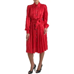 Red Button Down Belted Midi Satin Silk Dress