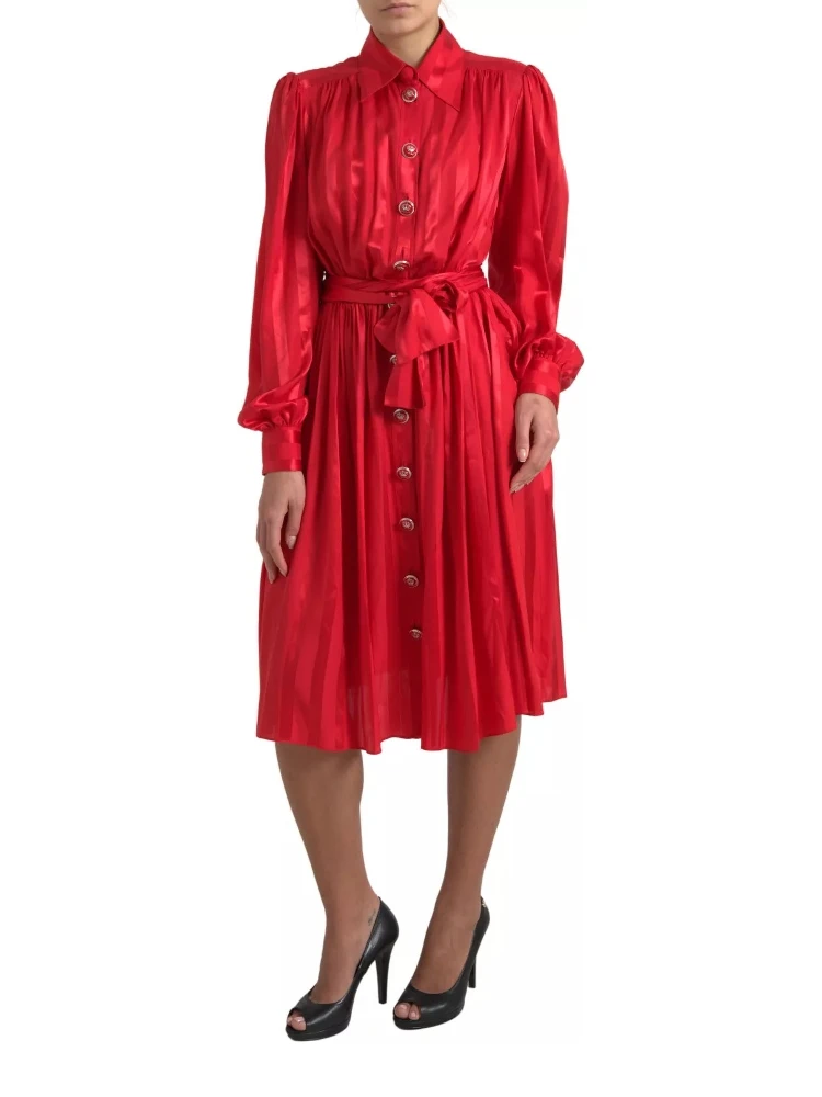 Red Button Down Belted Midi Satin Silk Dress alternative