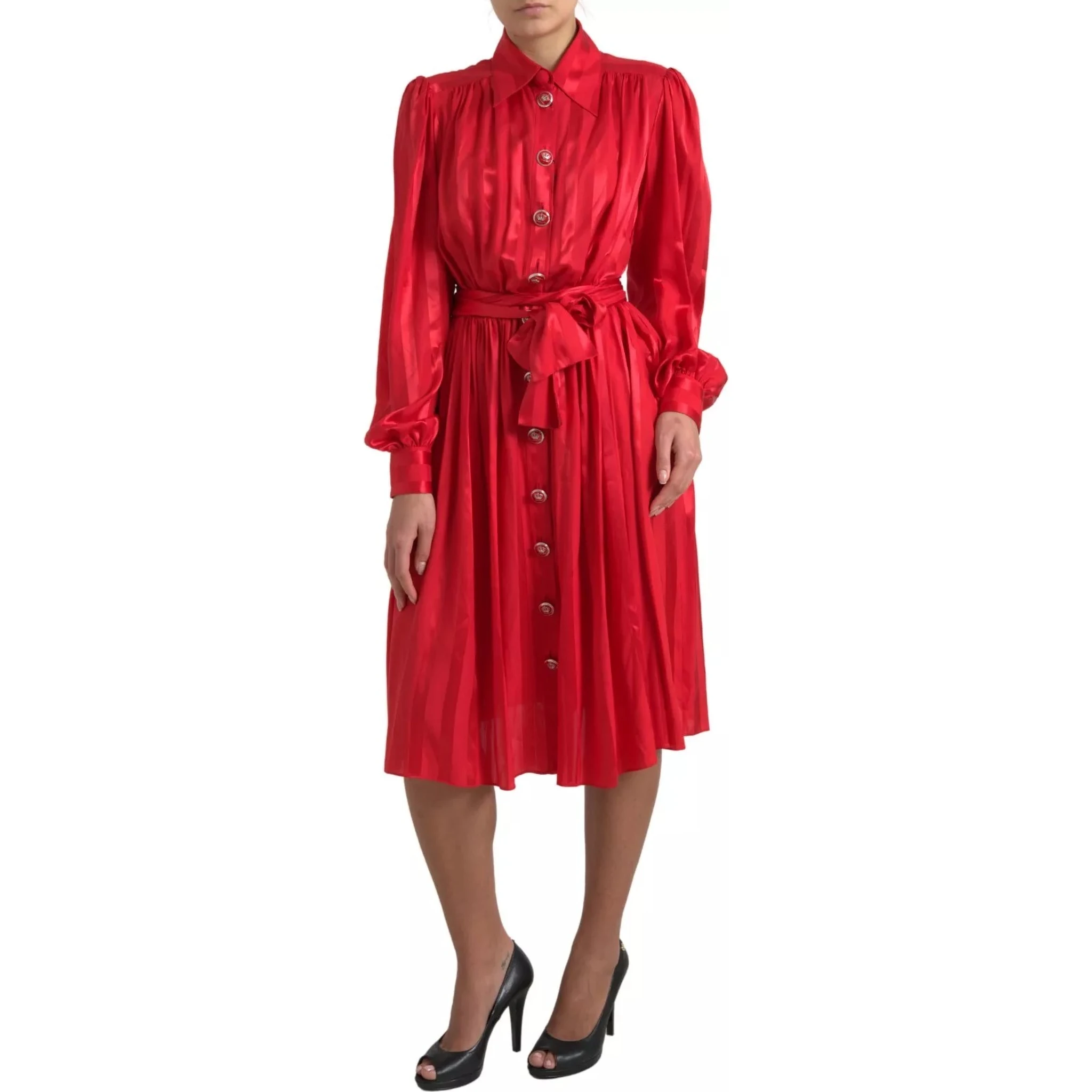 Red Button Down Belted Midi Satin Silk Dress