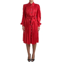 Red Button Down Belted Midi Satin Silk Dress