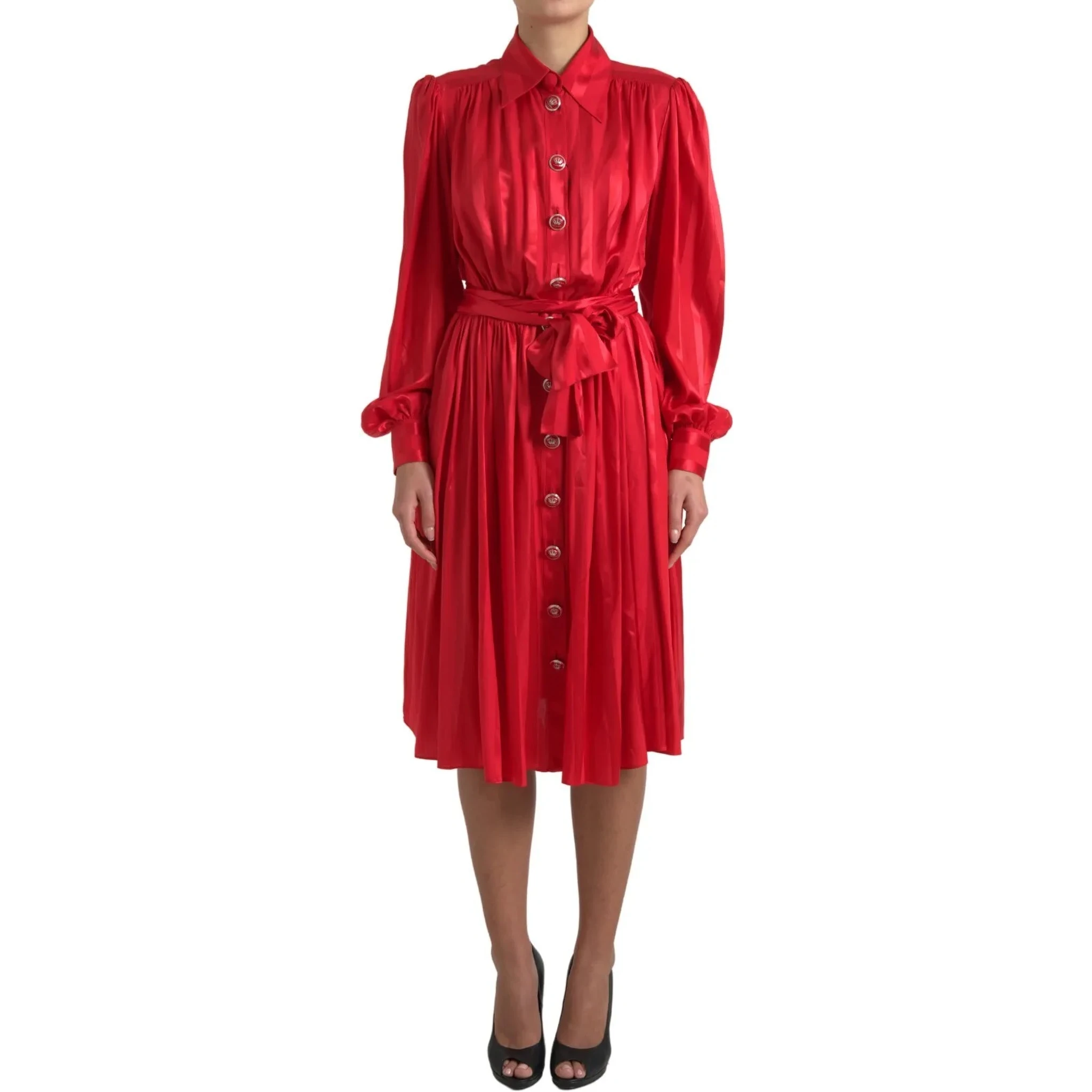 Red Button Down Belted Midi Satin Silk Dress