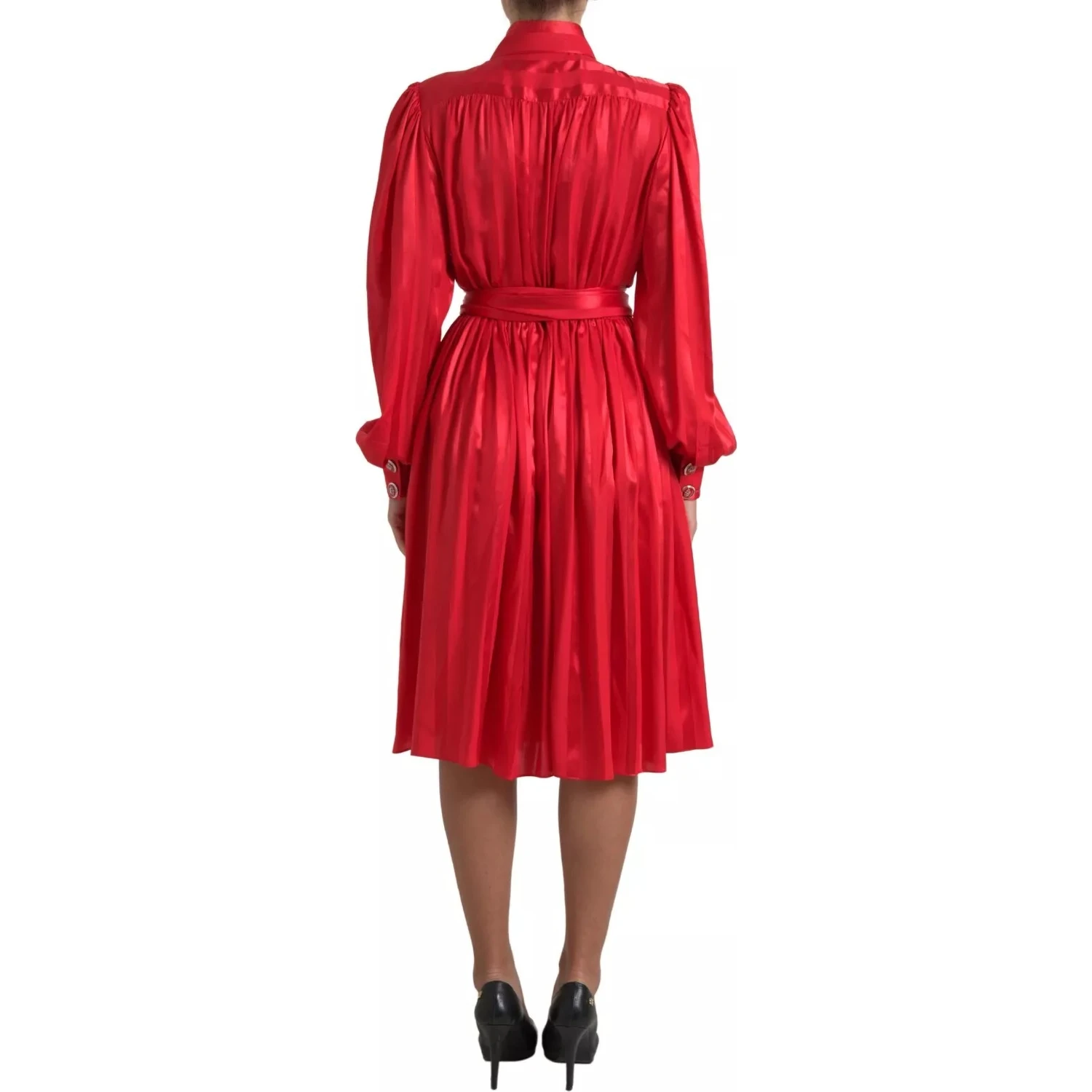 Red Button Down Belted Midi Satin Silk Dress