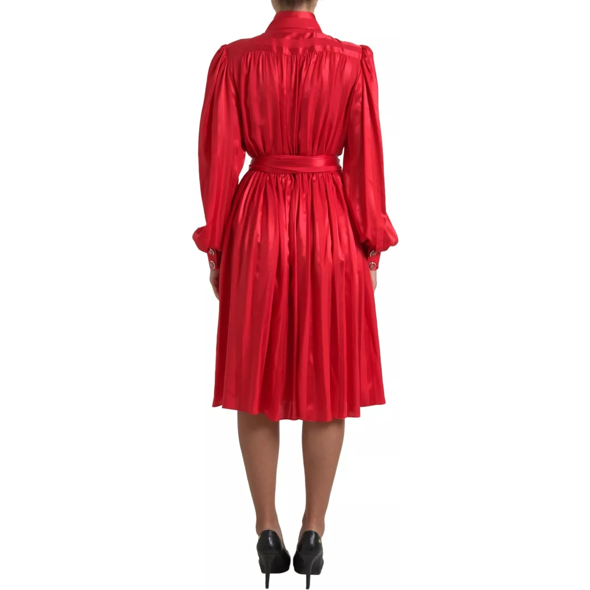 Red Button Down Belted Midi Satin Silk Dress