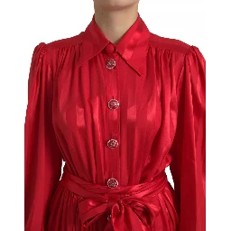 Red Button Down Belted Midi Satin Silk Dress
