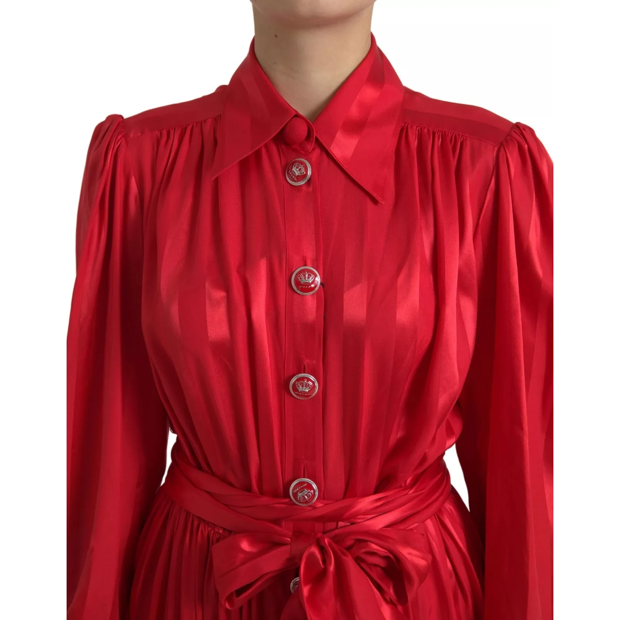 Red Button Down Belted Midi Satin Silk Dress