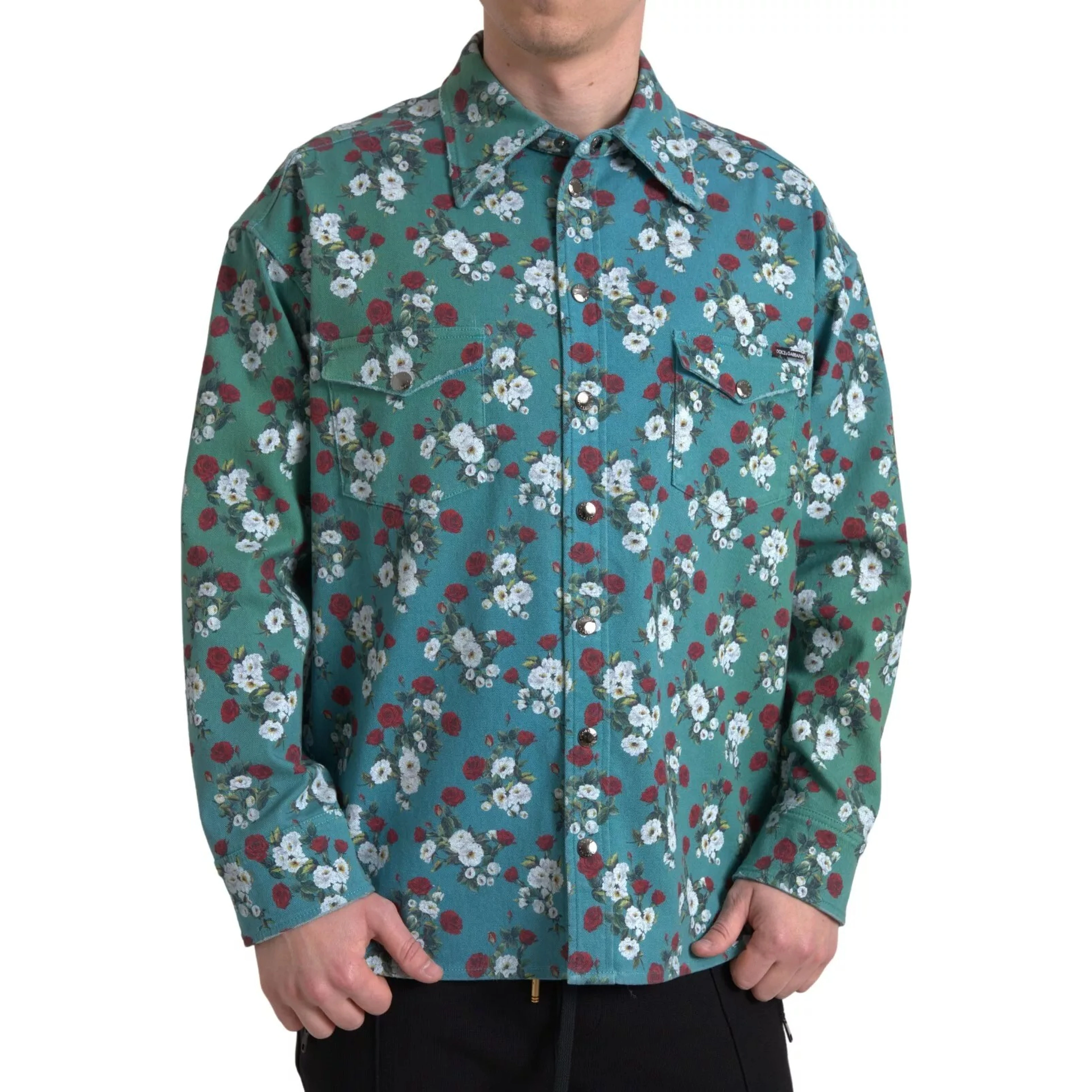 Blue Floral Cotton Button Down Denim Shirt