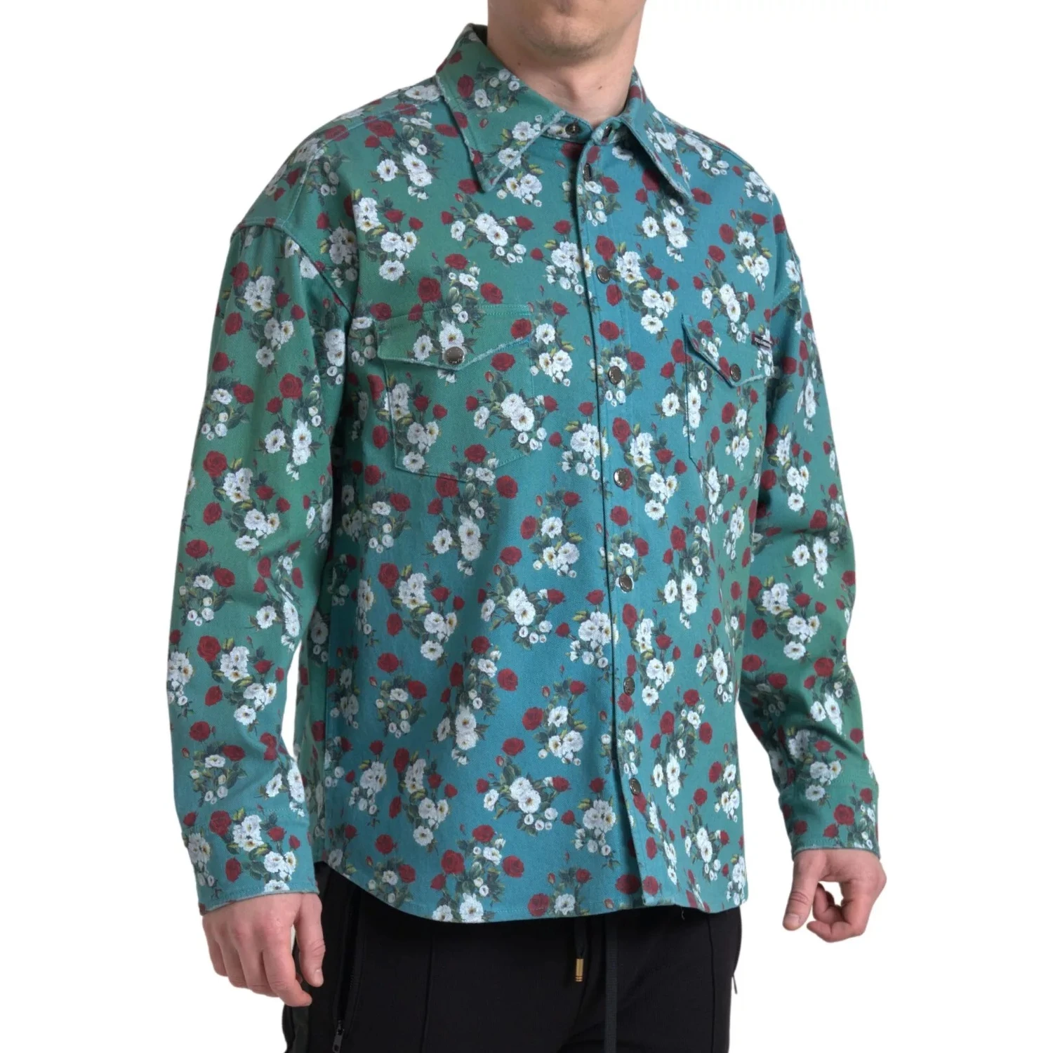 Blue Floral Cotton Button Down Denim Shirt