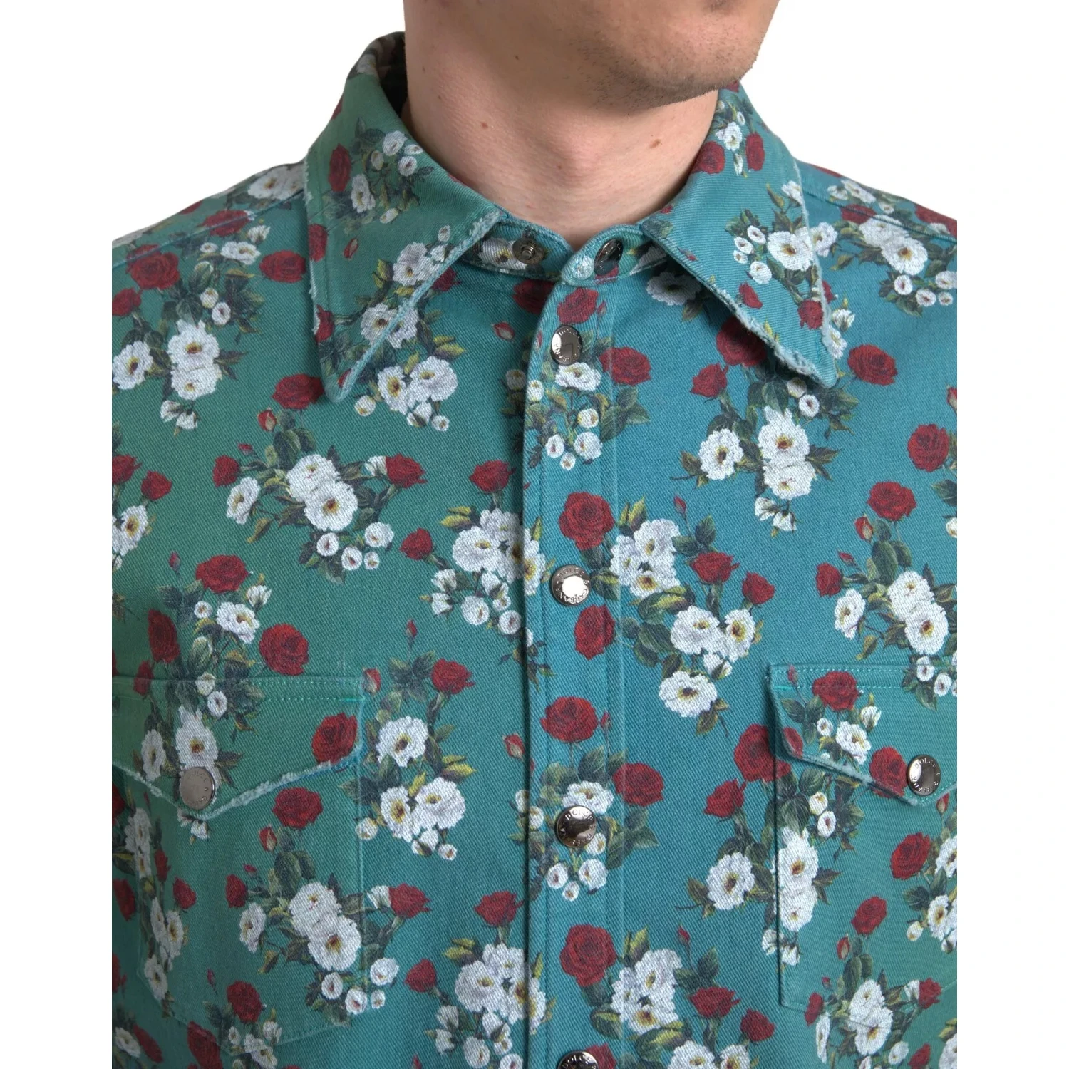 Blue Floral Cotton Button Down Denim Shirt