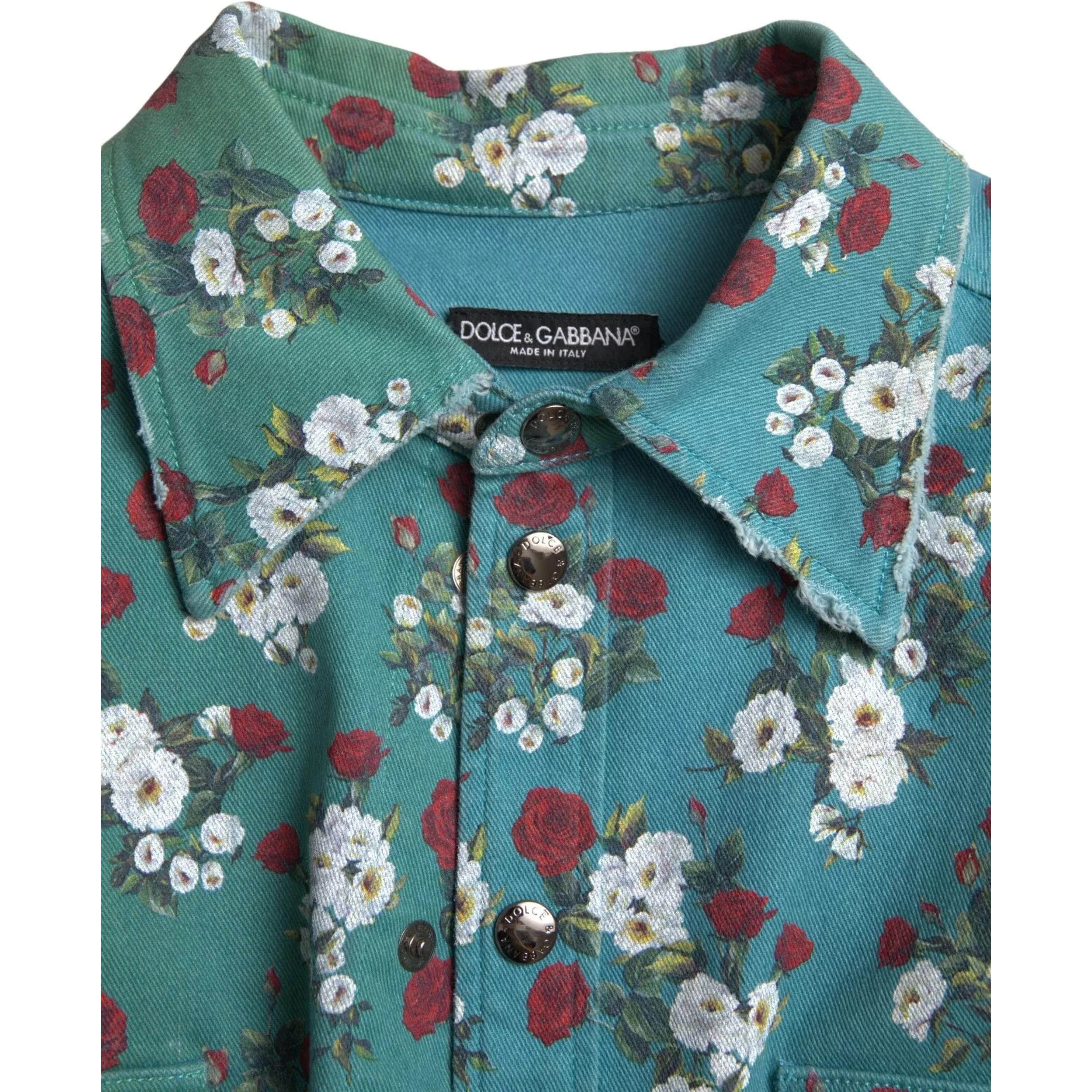 Blue Floral Cotton Button Down Denim Shirt