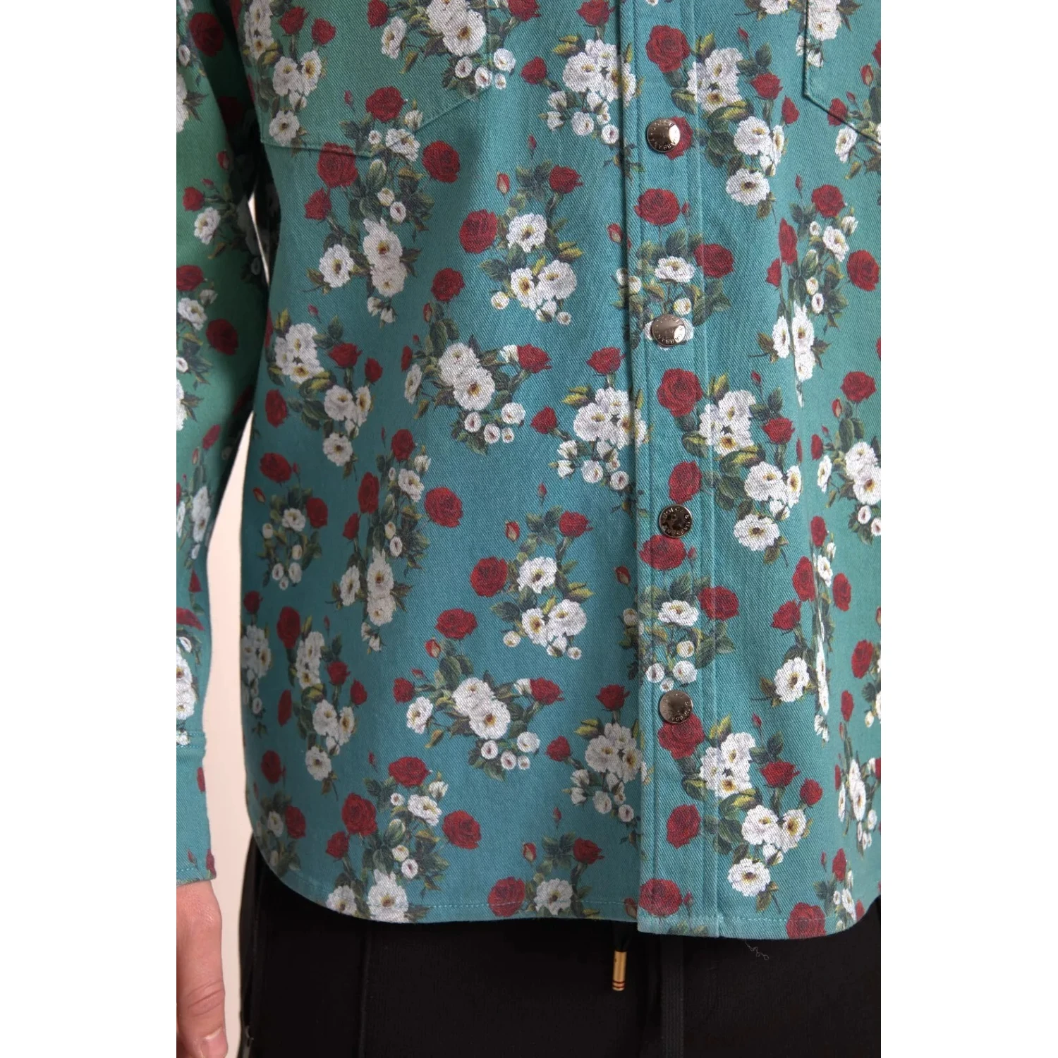 Blue Floral Cotton Button Down Denim Shirt