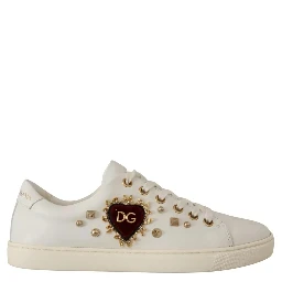 White Leather Gold Red Heart Sneakers Shoes