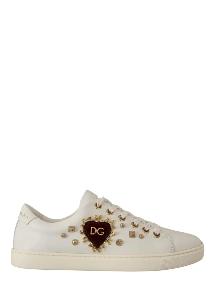 White Leather Gold Red Heart Sneakers Shoes