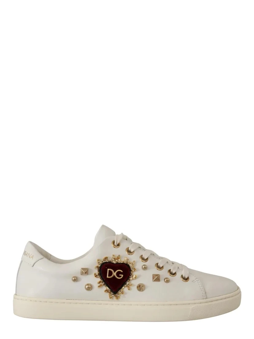 White Leather Gold Red Heart Sneakers Shoes