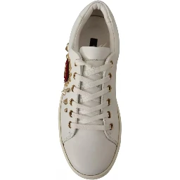 White Leather Gold Red Heart Sneakers Shoes