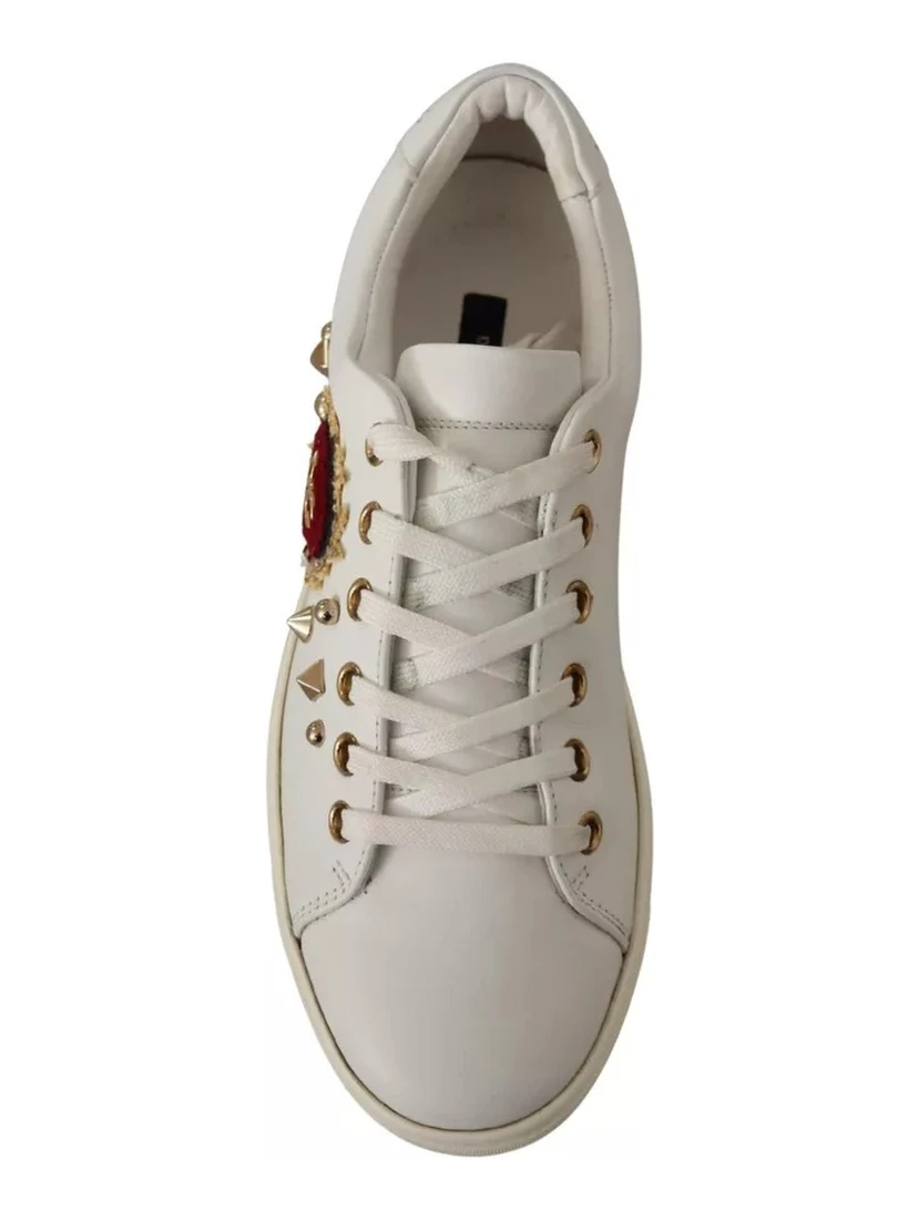 White Leather Gold Red Heart Sneakers Shoes