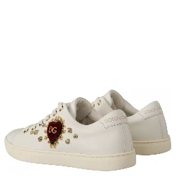 White Leather Gold Red Heart Sneakers Shoes