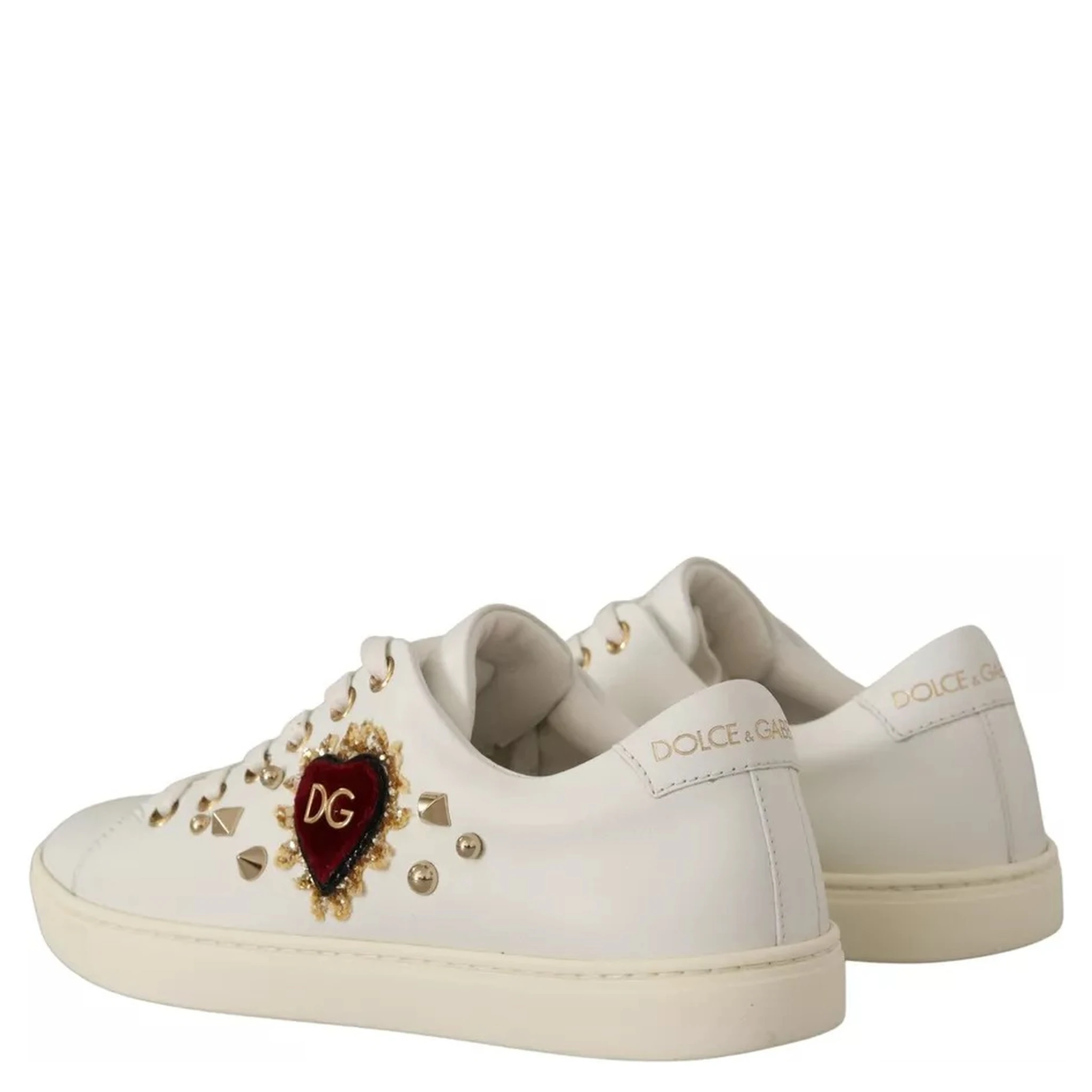 White Leather Gold Red Heart Sneakers Shoes