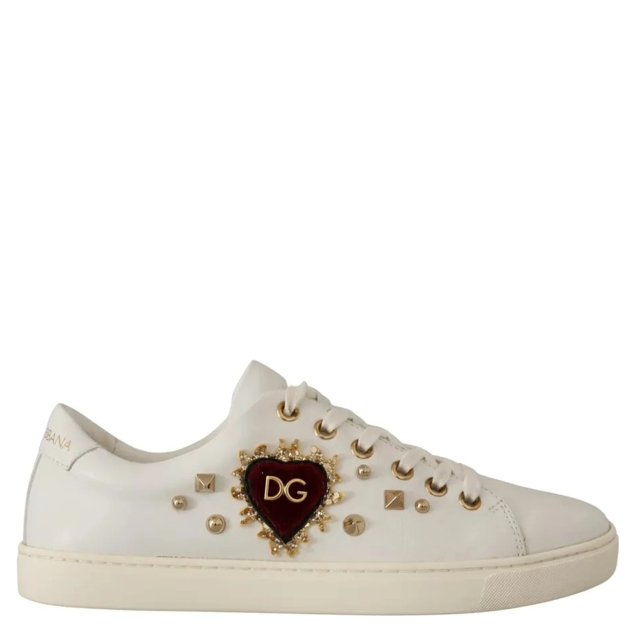 White Leather Gold Red Heart Sneakers Shoes