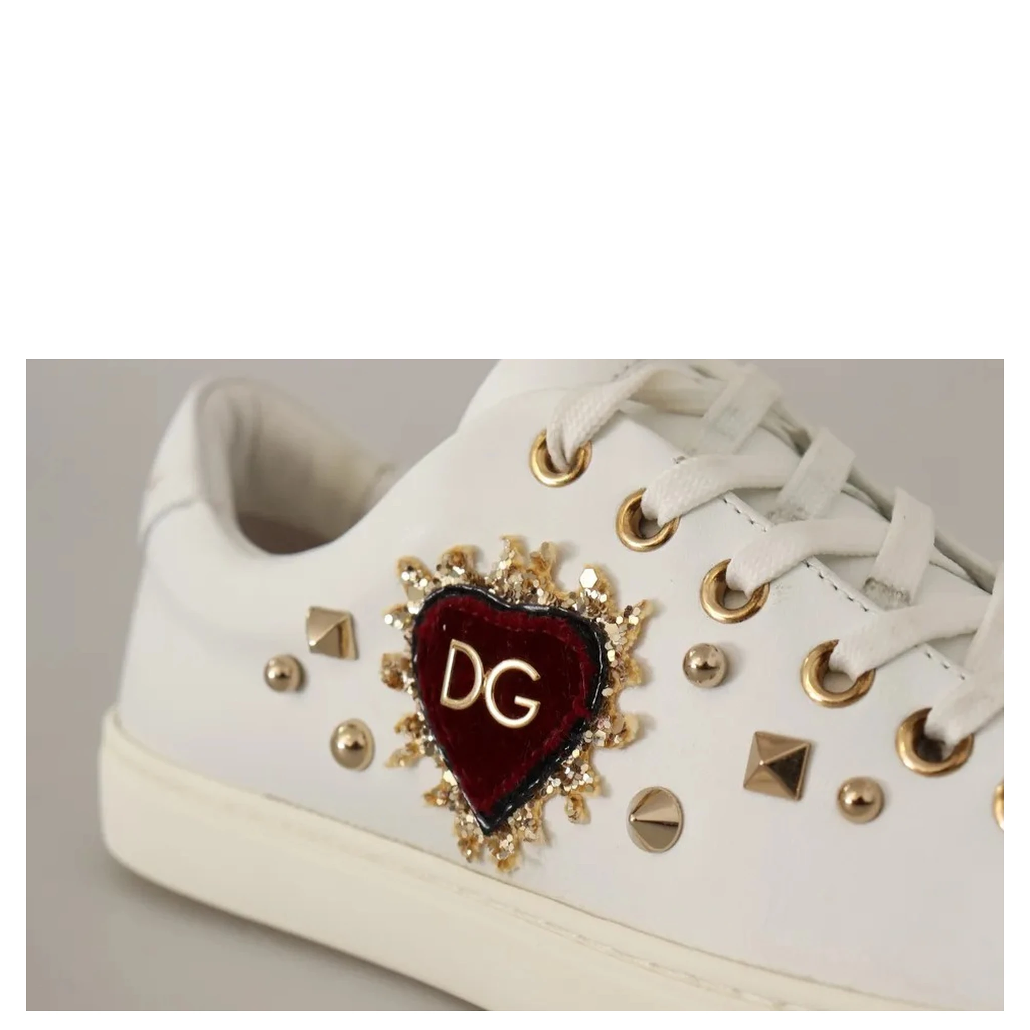 White Leather Gold Red Heart Sneakers Shoes