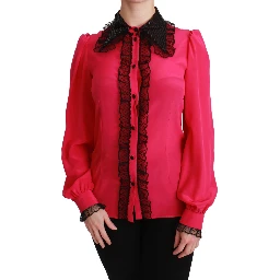 Pink Silk Black Sequin Lace Shirt Blouse