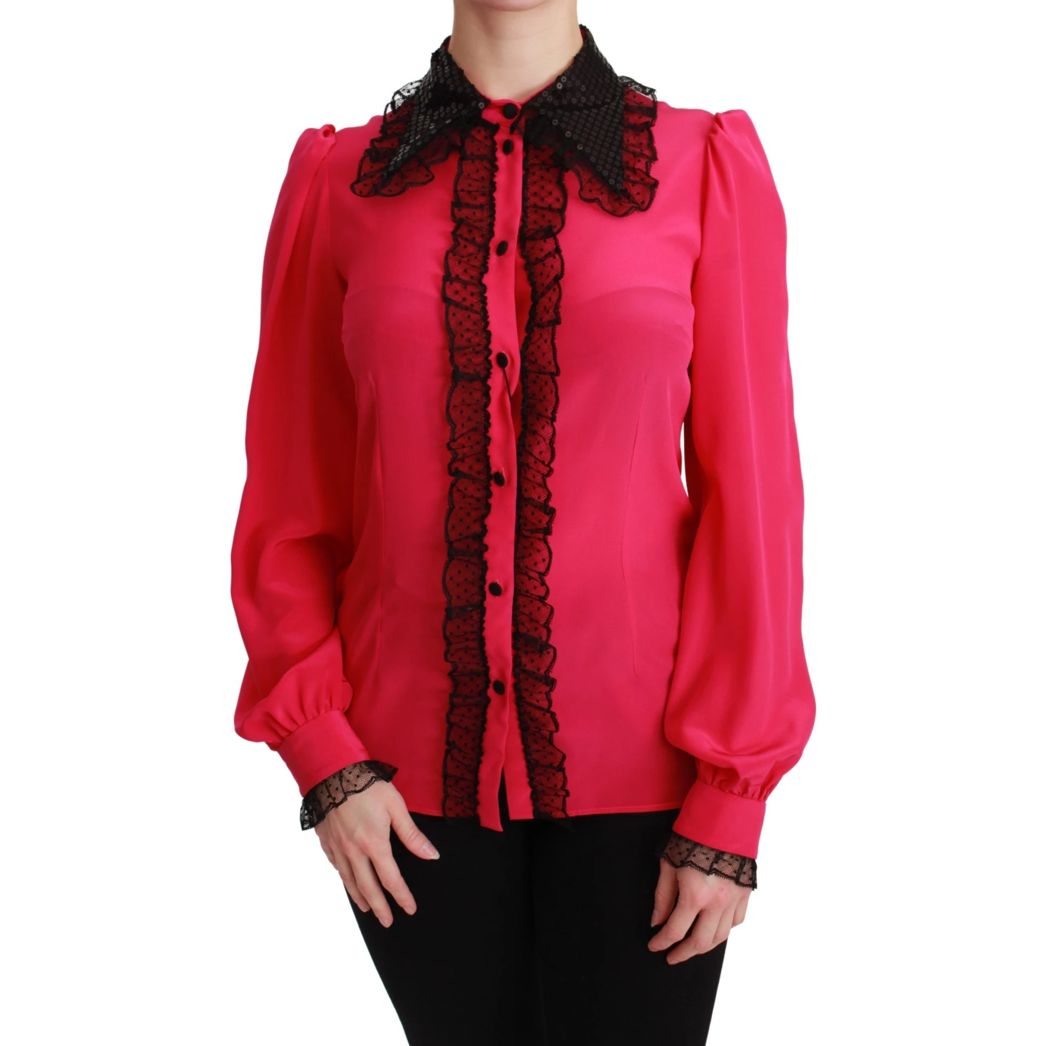 Pink Silk Black Sequin Lace Shirt Blouse