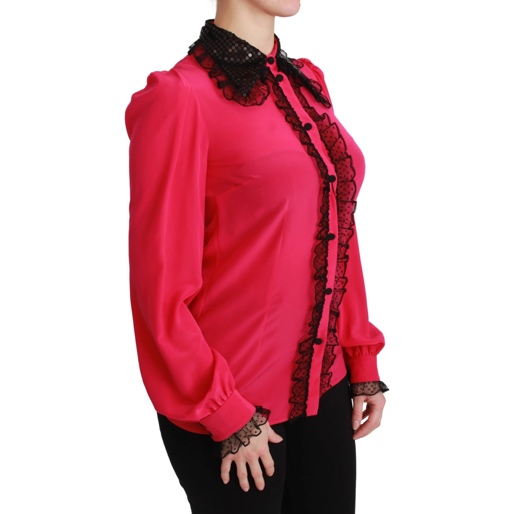Pink Silk Black Sequin Lace Shirt Blouse