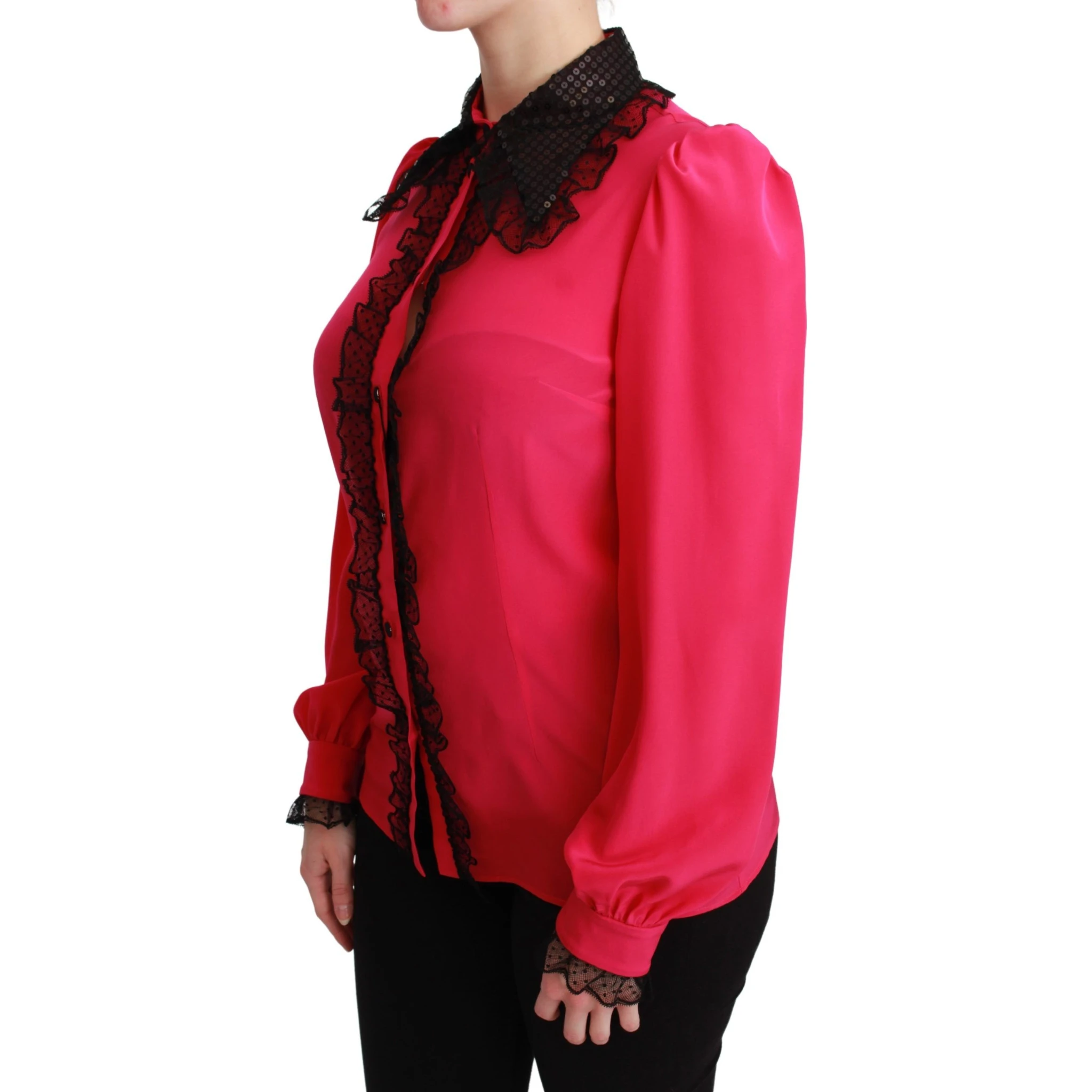 Pink Silk Black Sequin Lace Shirt Blouse