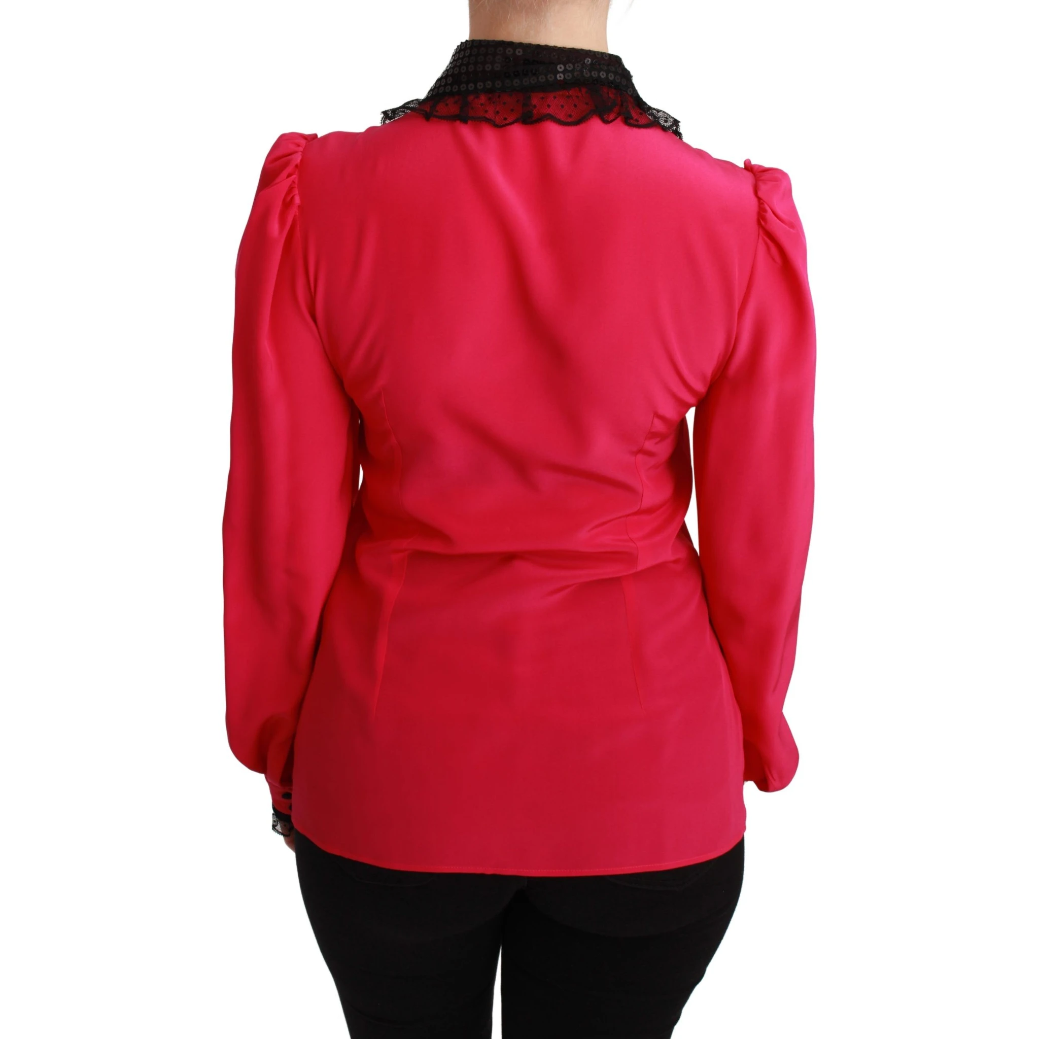 Pink Silk Black Sequin Lace Shirt Blouse