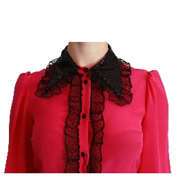 Pink Silk Black Sequin Lace Shirt Blouse