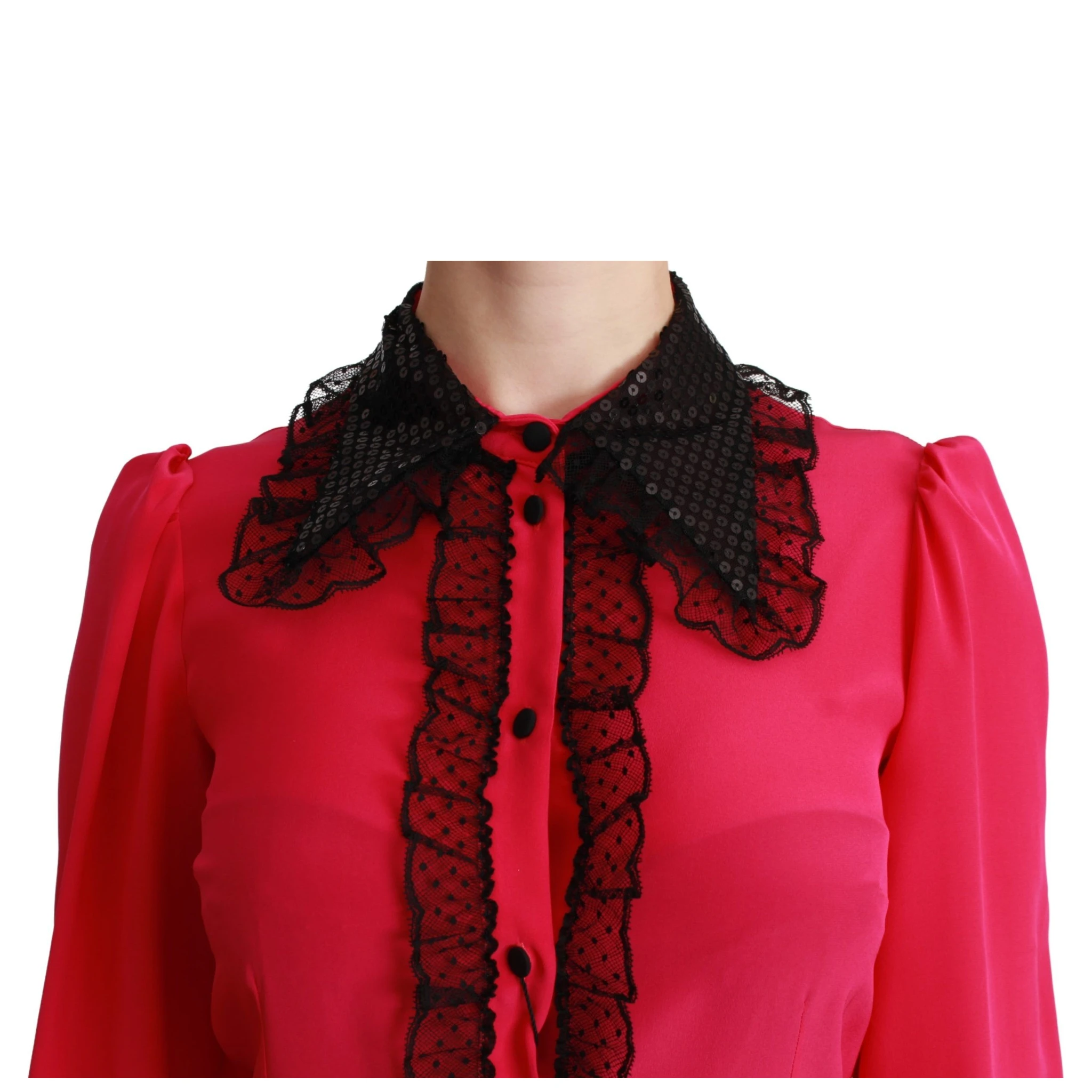 Pink Silk Black Sequin Lace Shirt Blouse