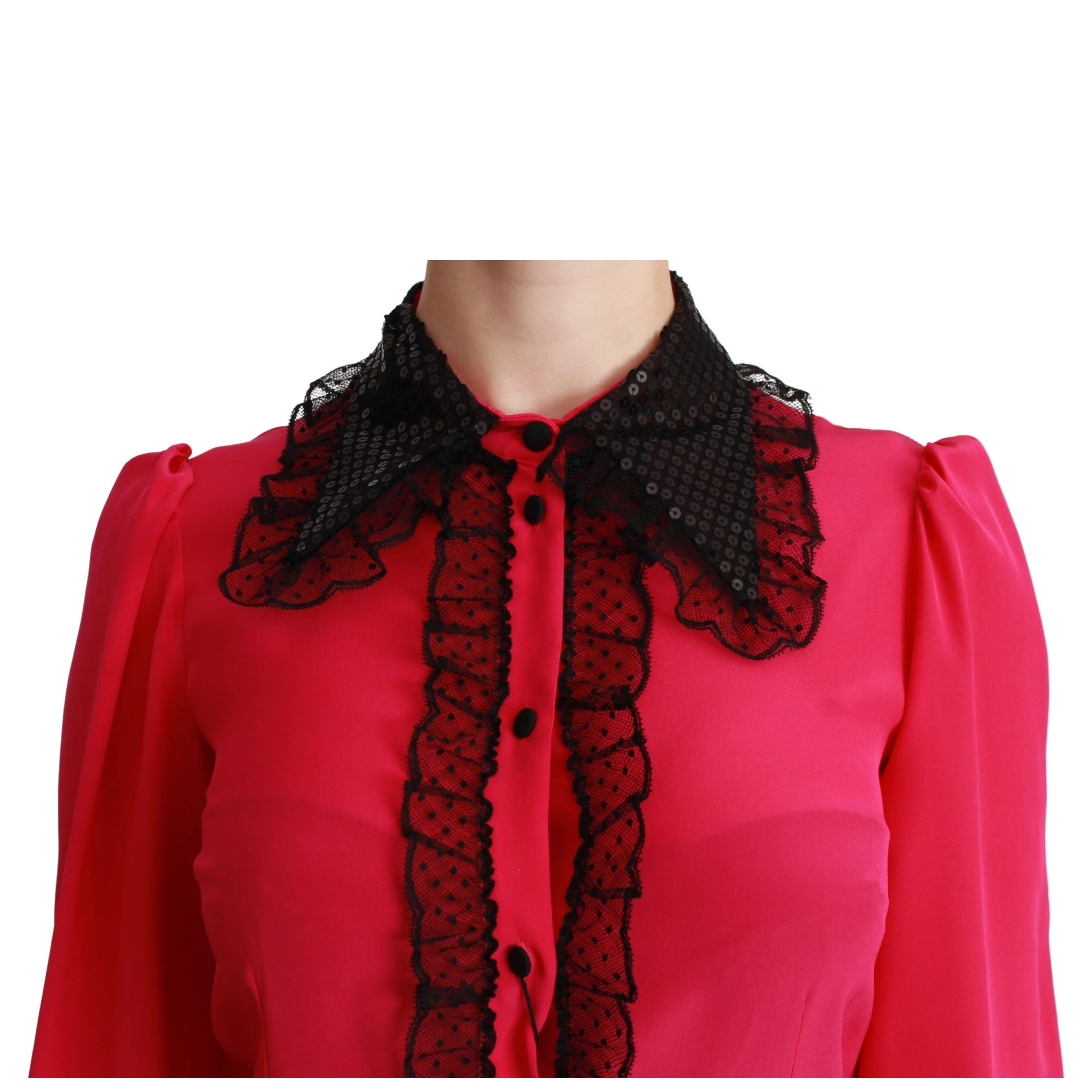 Pink Silk Black Sequin Lace Shirt Blouse