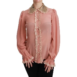 Pink Silk Gold Sequin Lace Blouse Shirt