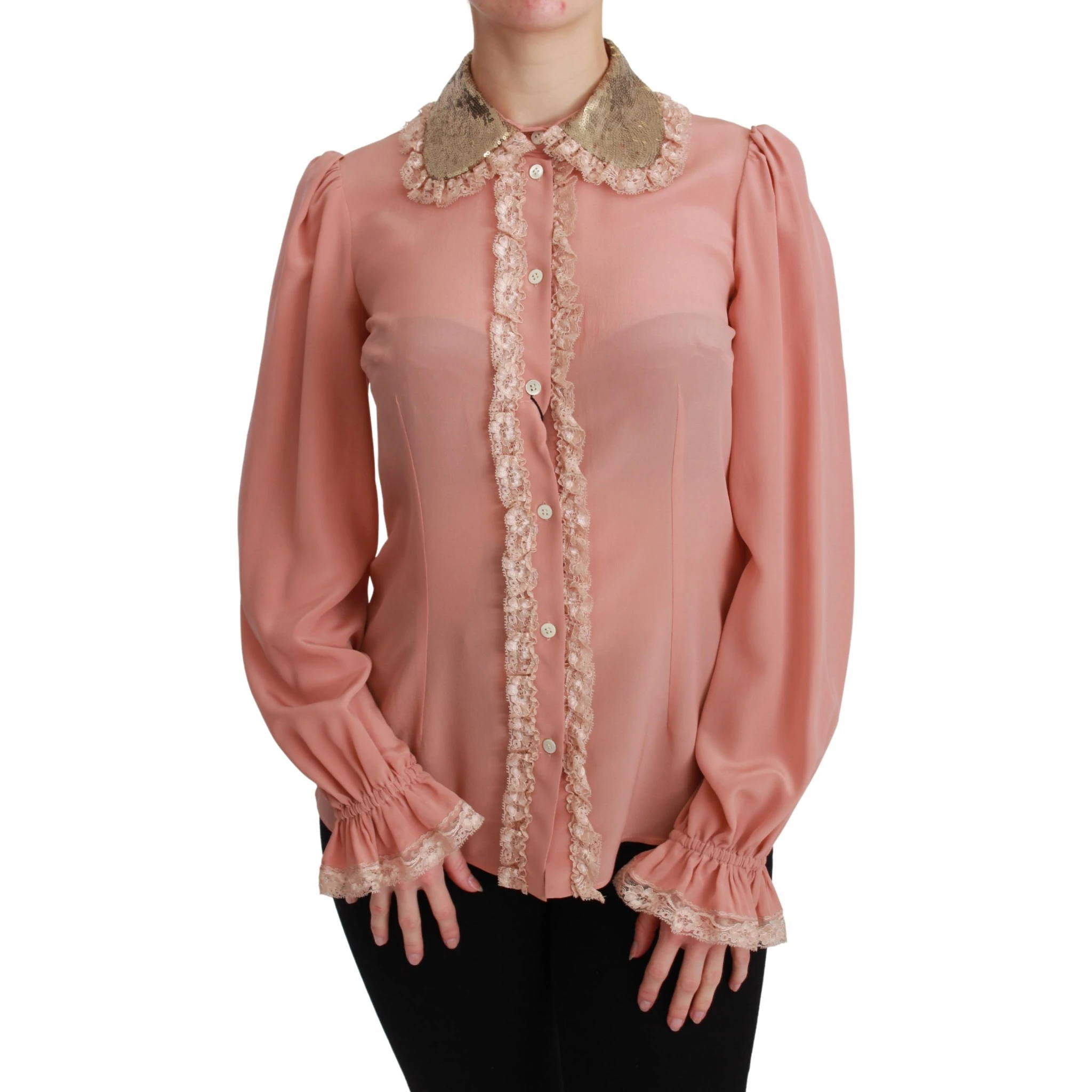Pink Silk Gold Sequin Lace Blouse Shirt