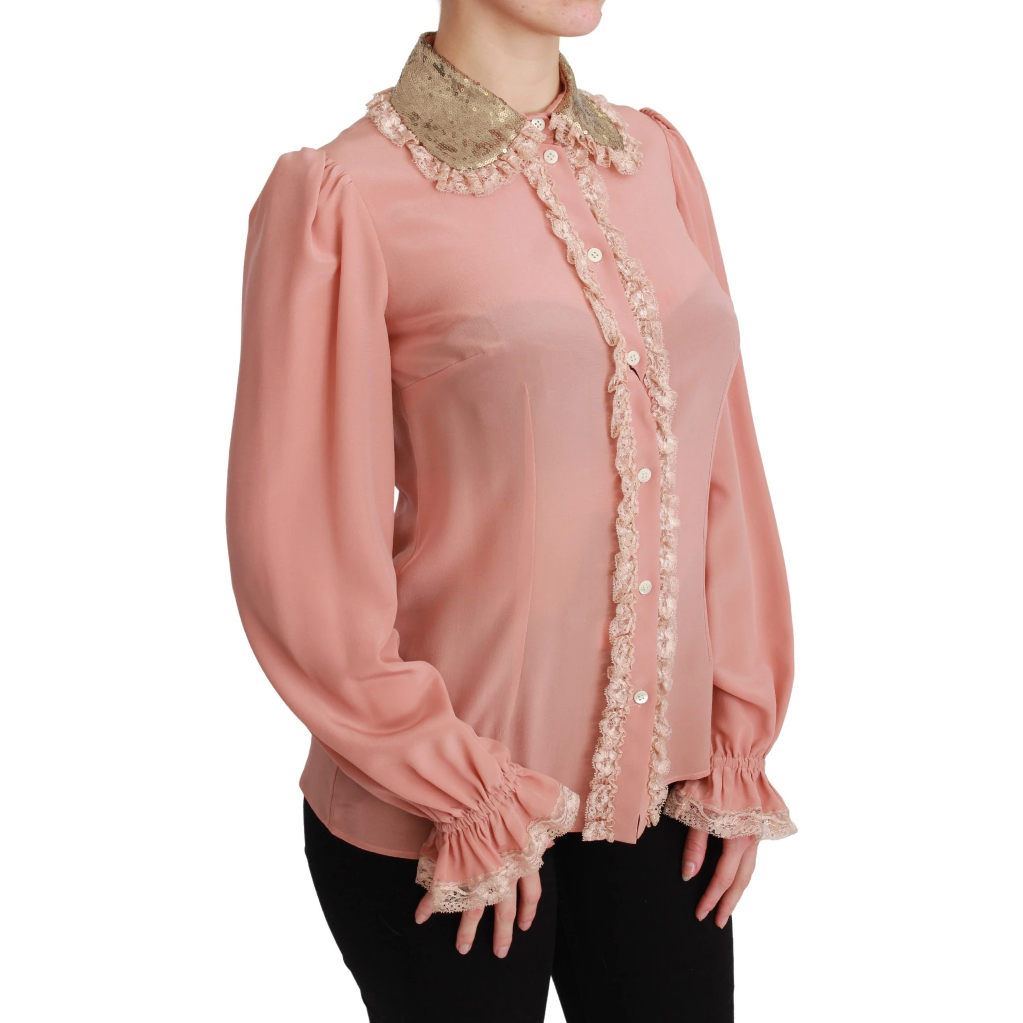 Pink Silk Gold Sequin Lace Blouse Shirt