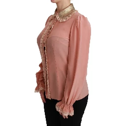 Pink Silk Gold Sequin Lace Blouse Shirt