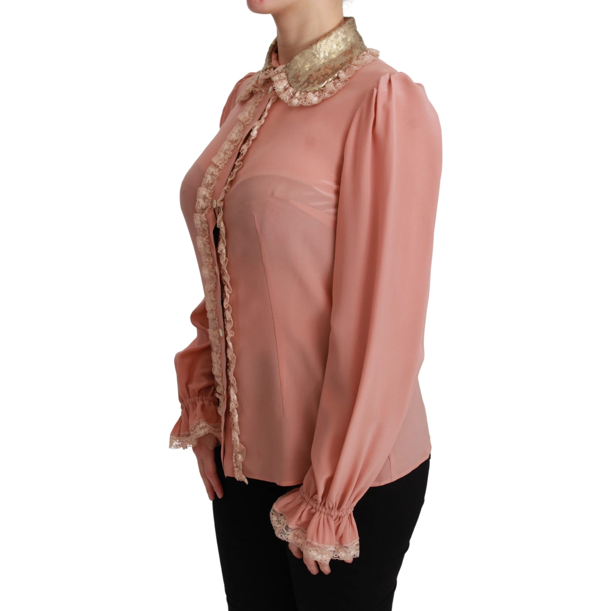 Pink Silk Gold Sequin Lace Blouse Shirt