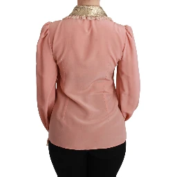 Pink Silk Gold Sequin Lace Blouse Shirt