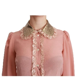 Pink Silk Gold Sequin Lace Blouse Shirt