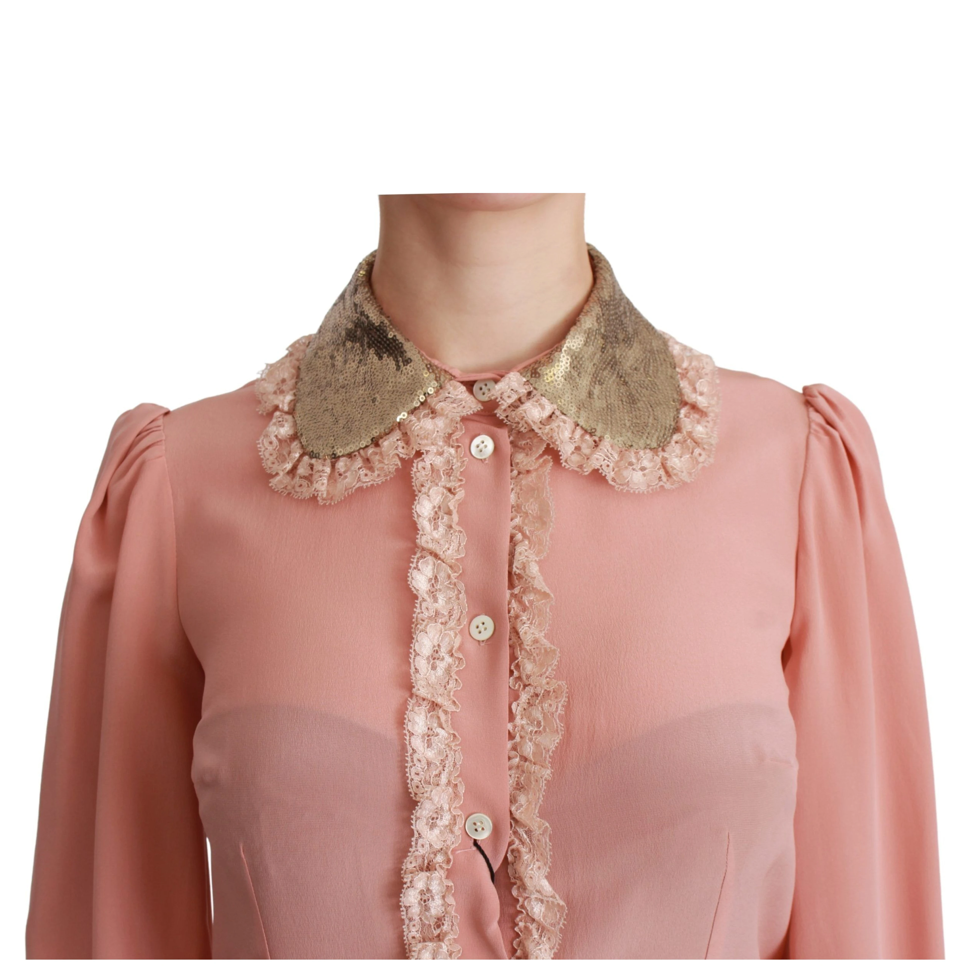 Pink Silk Gold Sequin Lace Blouse Shirt