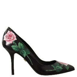 Black Leather Roses High Heels Pumps Shoes
