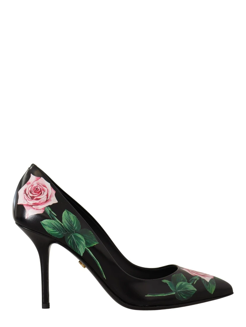 Black Leather Roses High Heels Pumps Shoes