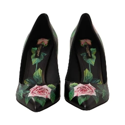Black Leather Roses High Heels Pumps Shoes