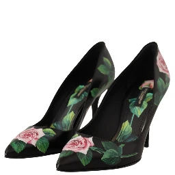 Black Leather Roses High Heels Pumps Shoes