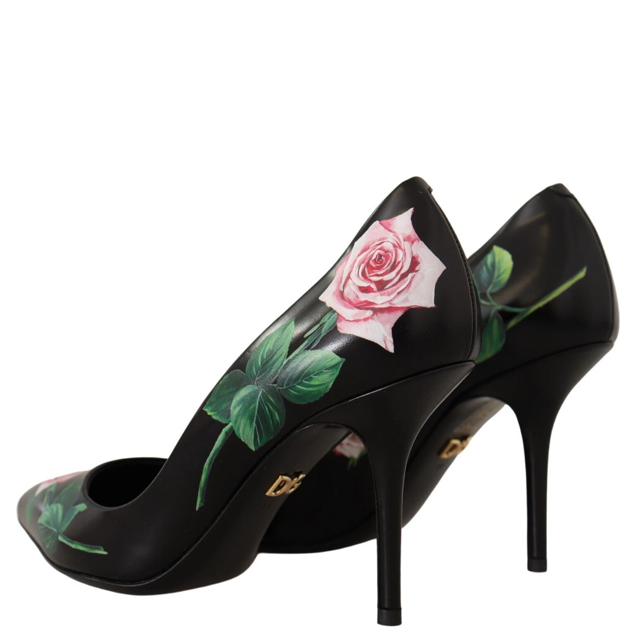 Black Leather Roses High Heels Pumps Shoes