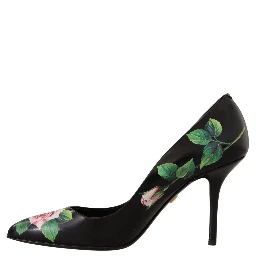 Black Leather Roses High Heels Pumps Shoes