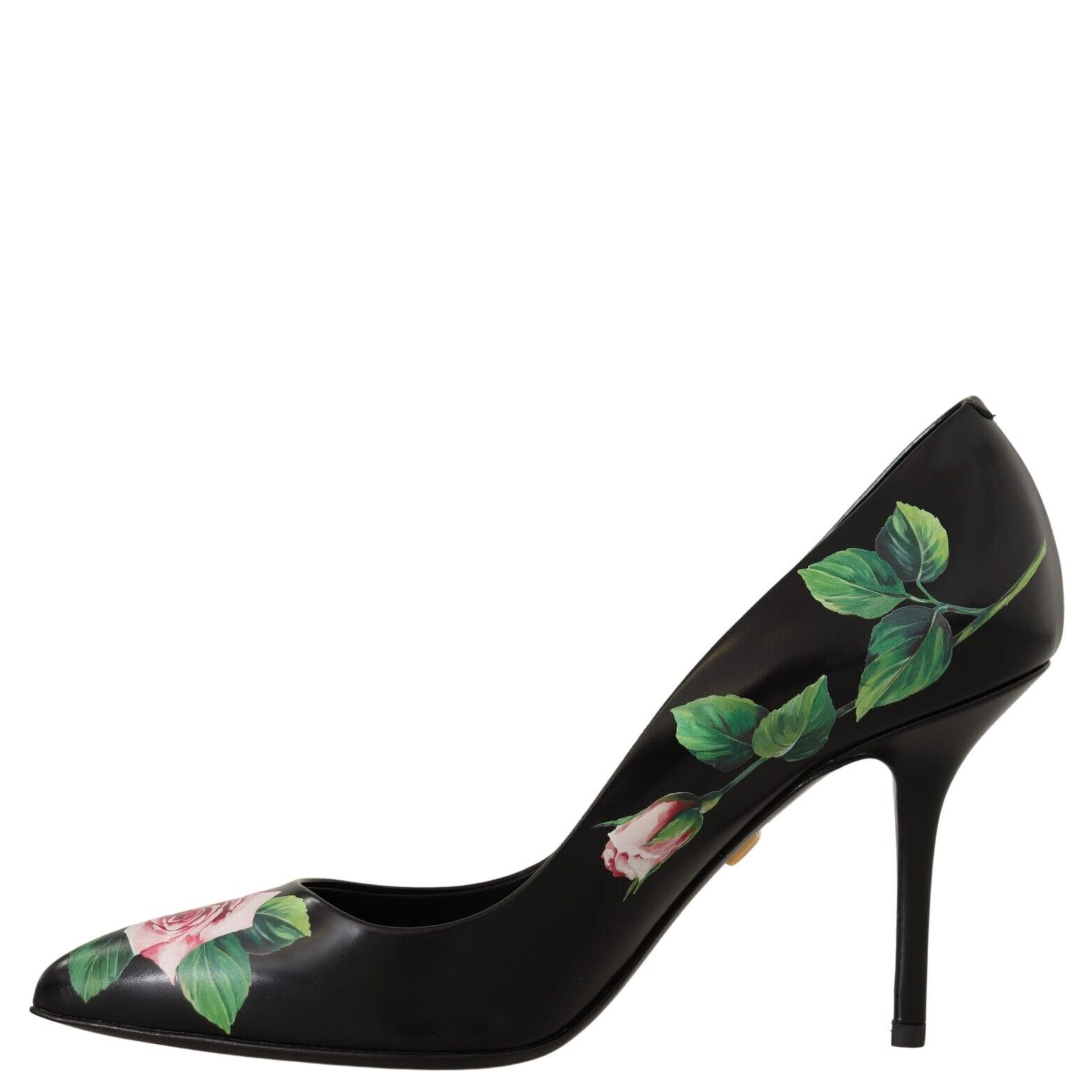 Black Leather Roses High Heels Pumps Shoes