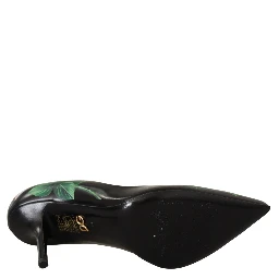 Black Leather Roses High Heels Pumps Shoes