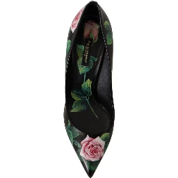 Black Leather Roses High Heels Pumps Shoes